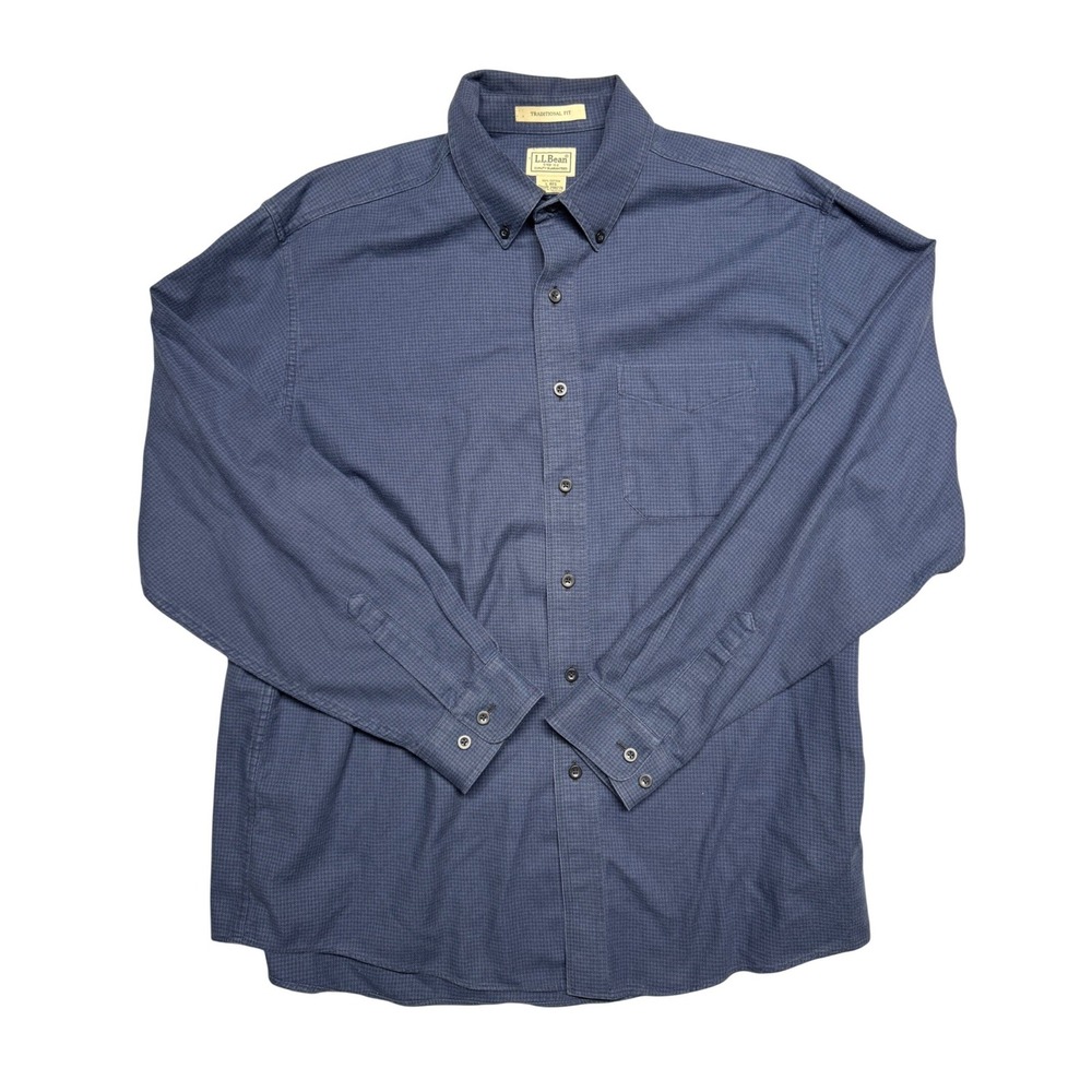 LL Bean Blue Houndstooth Button Down Shirt Traditional Fit Large L-REG Cotton